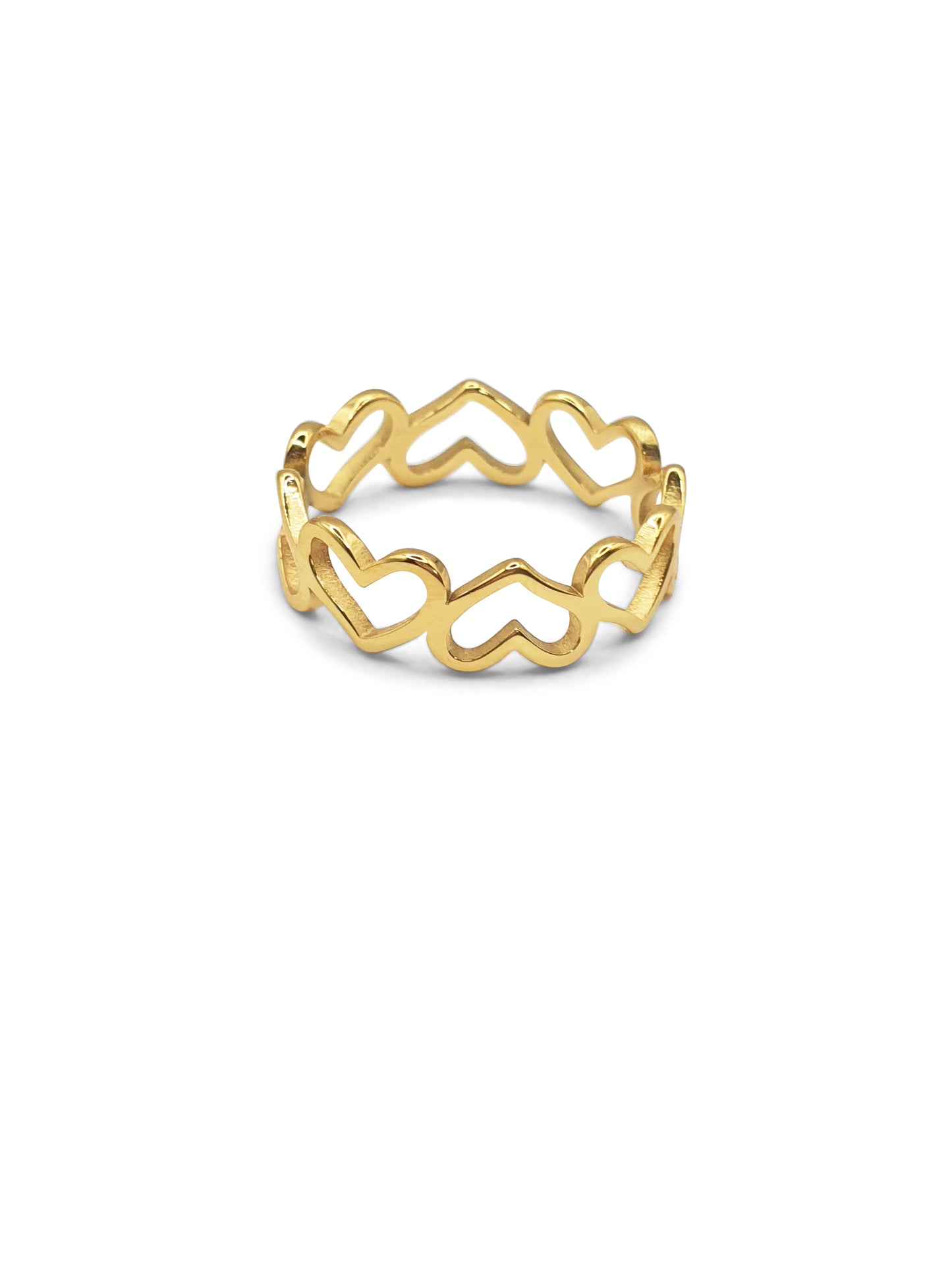 A gold ring made up of connected stencil hearts against a white background