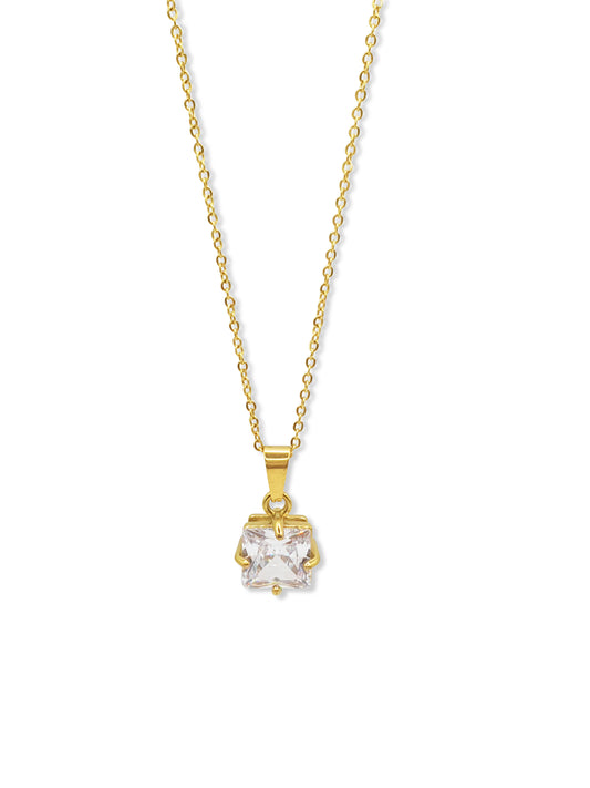 Gold necklace with a  clear square crystal pendant