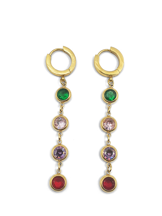 A pair of gold huggy hoops with dangling round gems set with green, pink, purple and red stones