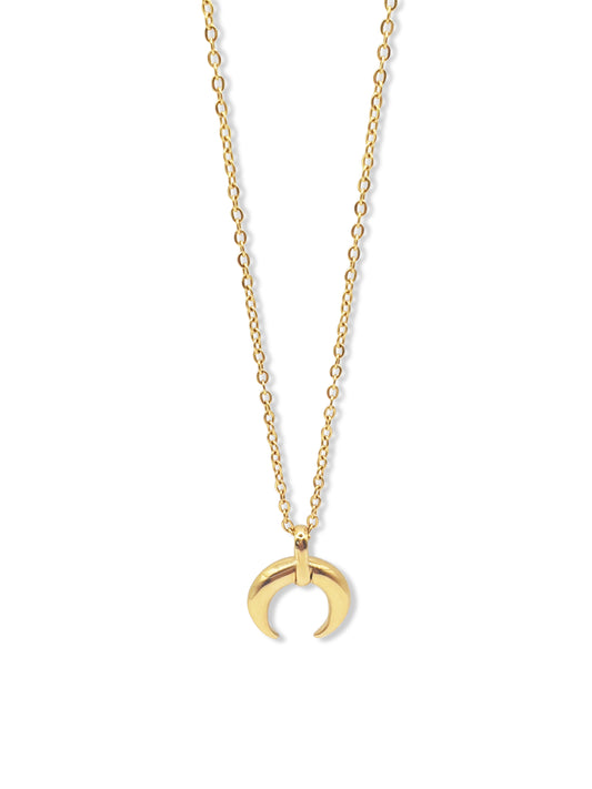 A long gold necklace with a crescent moon pendant hangs against a white background