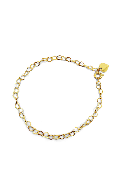 A gold bracelet made up of heart shaped chain links and fastened with a spring clasp