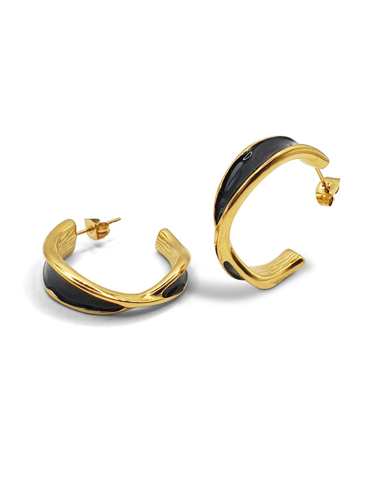 A pair of gold twisted design hoops with black enamel plating and stud backs